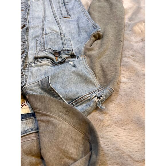 Hollister Distressed Denim Jacket with Gray Hoodie Sleeves Streetwear Men's SzeM - Picture 7 of 16